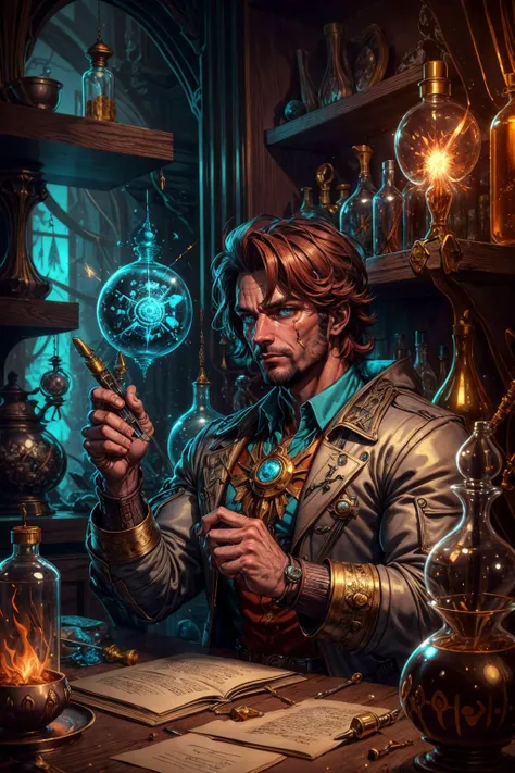 (best quality, masterpiece:1.2), 8k detailed cgi render, thick outlines, strong shadows, <lora:add_detail:0.75>,
(1man, muscular adult  male:1.2),  teal eyes, auburn hair, layer cut,
portrait, looking at viewer, solo, upper body, detailed background, detailed face, (<lora:1970RetroFuturism:0.6>, 1970retrofuturism, 1970s theme :1.1), medieval alchemist,  workshop in background, alchemical implements,   tubes, vials, beakers,   spark, gold],  manuscript,  glowing magical runes,  magical fantasy atmosphere,