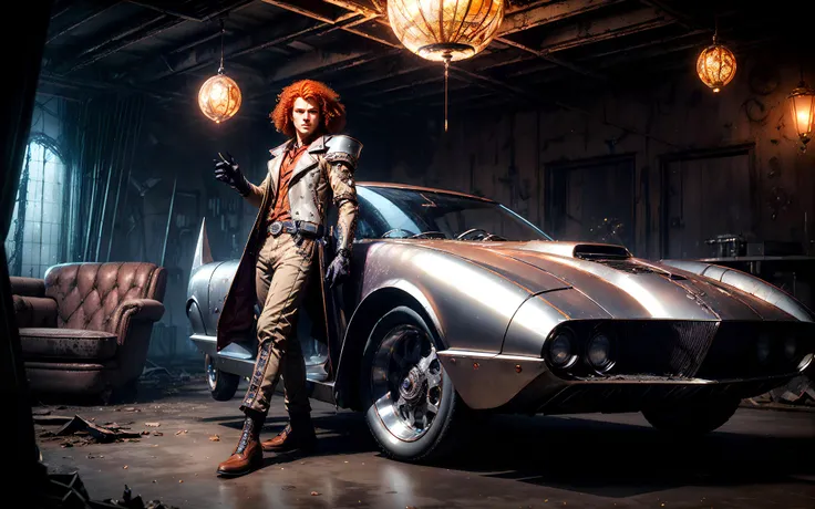 masterpiece, epic, majestic, best quality, very high resolution, 8k, hdr, digital photography, dynamic pose, flamboyant 21 years old (male Karnabo:1.2) assassin, silver eyes, (ginger hair, curly hair:1.1), looking at camera with a cocky expression, (style-rustmagic:0.5), (medieval cyborg:0.8), (bloody wounds:0.7), looking up, solo, full body, detailed background, (<lora:1970RetroFuturism:0.6>, 1970retrofuturism, 1970s theme:1.1) determined expression, dynamic pose, dark clouds tinkerer, floating lights, Violet \(web\) patched leather vest, techwear, mechanical gloves, hood, goggles, contraption, abandoned ruins in background, gears, engineering, intricate clockwork mechanisms,,automaton,,soot ,, (iridescent:0.7), (transparent:0.8), (translucid:0.8), (reflection:0.6), (refraction:0.3), (diffraction:0.3), (caustics:0.3), volumetric lights, volumetric shadows, (subsurface scatering:0.4), physically based rendering, (intricate details:1.3), hyperdetailed, ultrarealistic, (sharp focus:1.2) <lora:hyperdenoiser_v090:1.8> <lora:add_detail:1.5>