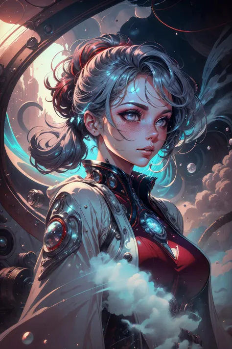 beautiful and detailed illustration, pop art, masterpiece, best quality, ultra-detailed, soft lighting, cinematic shot, vibrant colors, gorgeous colors, <lora:add_detail:0.3>, <lora:stylesqueeze_v2:0.5>,
1 girl, adult woman, freckles, silver eyes, dark red ponytail,
<lora:GoodHands-beta2:0.8>,
Style-GravityMagic, solo, from front, front view, (full body:0.6), detailed background, detailed face, (<lora:1970RetroFuturism:0.6>, 1970retrofuturism, 1970s theme:1.1), smoke-mage, wizard robes, (emerging from puffs of toxic colorful steam:1.1), dynamic pose, floating dust particles, toxic fumes in background, ethereal magical atmosphere,