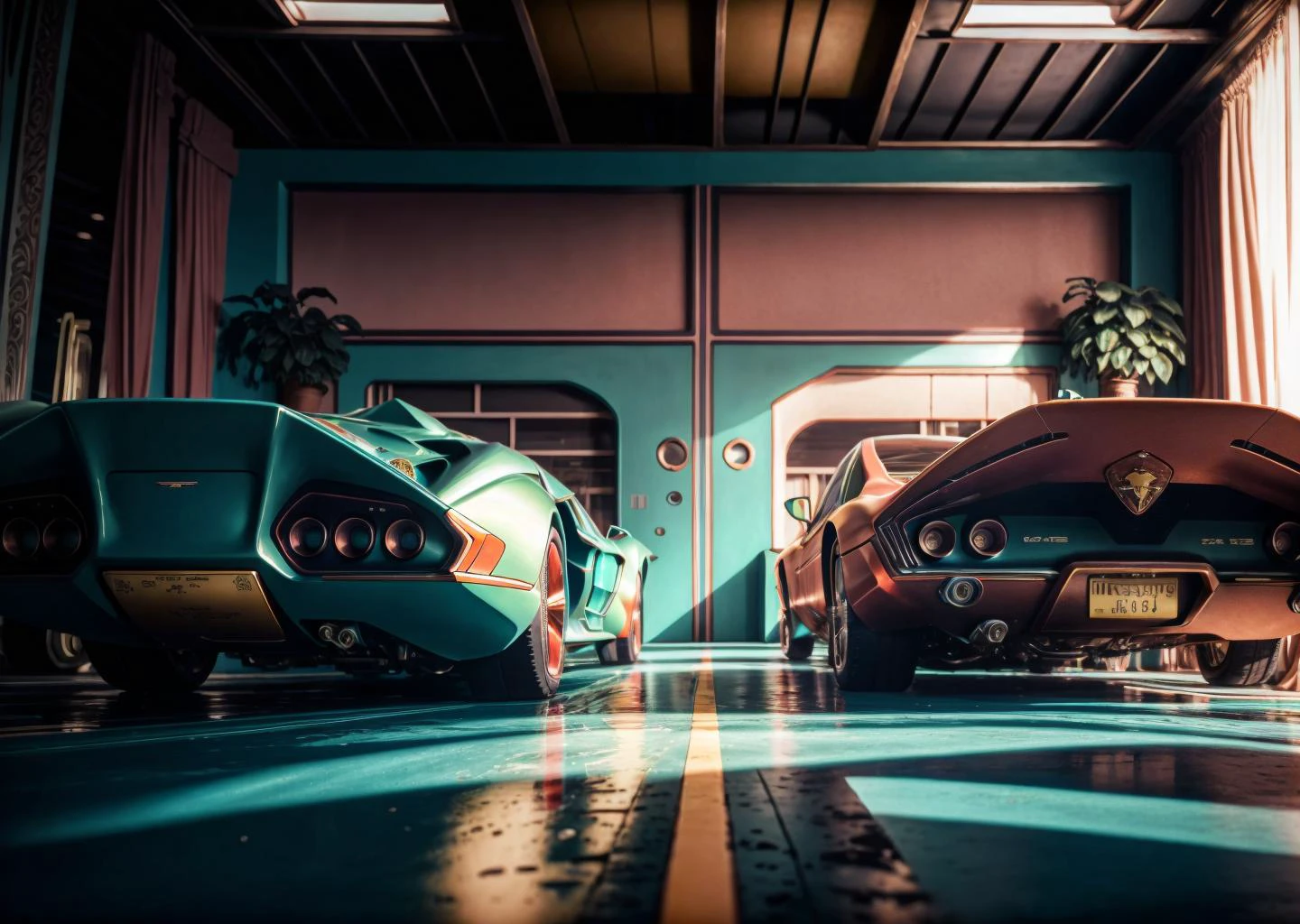 (different angles:1.2), (exhibition of luxury_supercars:1.3), toxic_green and light_purple colors,(The_Wes_Anderson color_style:1.3), (absolutely symmetry of frame building:1.3), over saturated, soft_cinematic light, hyperdetailed, soothing film_scene, restful tone, multi-exposure HDR capture technique, almost_high contrast, bokeh, insane details, intricate details, best atmosphere, like a movie, low key light and <lora:LowRA:0.6>, {<lora:FilmG2:0.5>}-{<lora:FilmG4:0.5>}, <lora:1970RetroFuturism:0.9>
