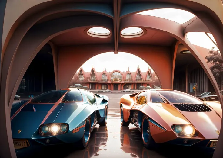 (different angles:1.2), (exhibition of supercars:1.3), purple and orange pink,(The_Wes_Anderson color_style:1.3), (absolutely symmetry of frame building:1.3), over saturated, soft_cinematic light, hyperdetailed, soothing film_scene, restful tone, multi-exposure HDR capture technique, almost_high contrast, bokeh, insane details, intricate details, best atmosphere, like a , low key light and <lora:LowRA:0.5>, {<lora:FilmG2:0.345>}-{<lora:FilmG4:0.543>}, <lora:1970RetroFuturism:1>