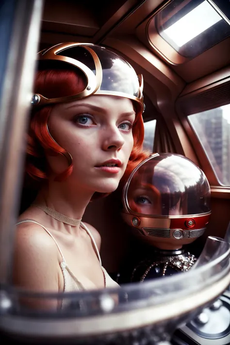 Photo of a woman in her bedroom, (young:1.2), 1970retrofuturism, cozy atmosphere, (raw, highly intricate:1.3), poor quality photo, cinematic lighting,  best shadows, (blurry:1.2), reflected glass, out of focus, huge window, skyscraper, last floor, bustling metropolis, (close up:1.3), red lips, detailed face, blue eyes, (closed eyes:1.2), (electronic devices:1.2), (televisor set, screen:1.2), short hair, tight bra, redhead, (evil:0.5), (glass helmet:1.3), dark (helmet:0.4)
<lora:1970RetroFuturism:0.8>
