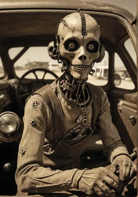rendition, what a interesting and old sepia photographed voodstyle freak-show we have here, featuring mechanicus, a deformed mechanic that only knows how to repair a car , deep shadows, digital art, perfect composition , high resolution, low saturation, lowkey, low Contrast, <lora:- SDXL - voodstyle_ Voodoofy_V1.0:0.6> <lora:- SDXL - creepy_n_freaks_V1.0:0.8>