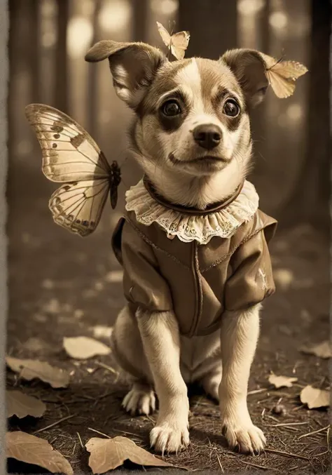 rendition, what a interesting and old sepia photographed voodstyle freak-show we have here, featuring distracto, an indecisive and costumed puppy that can't deceit whether do chase a butterfly or a falling leaf or a squirrel , deep shadows, digital art, perfect composition , high resolution, low saturation, lowkey, low Contrast, <lora:- SDXL - voodstyle_ Voodoofy_V1.0:0.6> <lora:- SDXL - creepy_n_freaks_V1.0:0.8>