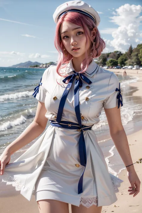(realistic:1.3), finely detailed, quality, rembrandt lighting, (masterpiece:1.2), (photorealistic:1.2), (best quality), (detailed skin:1.3), (intricate details), dramatic, ray tracing, 1girl, japanese girl, 21 years old, detailed skin texture, (blush:0.5), (goosebumps:0.5), subsurface scattering, smiling, medium breasts, medium hair, twin tied hair, pink hair, SasakiSailorDress, white sailor dress, short dress, puffy dress, short sleeves, blue ribbon, shell hair ornament, star hair ornament, beret, cowboy shot, (bright sunny day, outdoors, sea, sky), <lora:SasakiSaku:1>