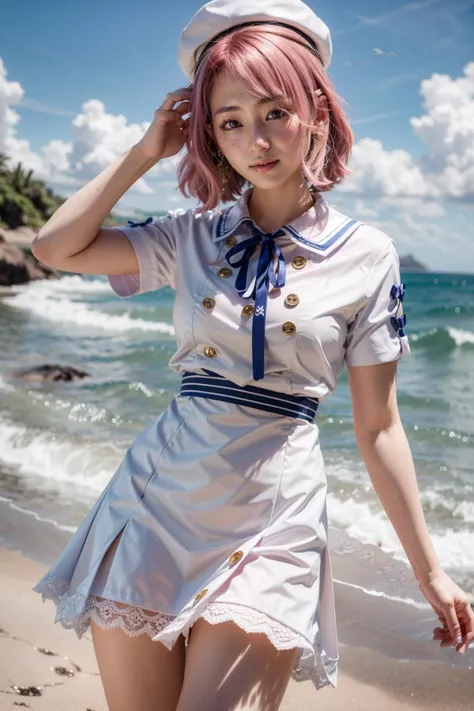 (realistic:1.3), finely detailed, quality, rembrandt lighting, (masterpiece:1.2), (photorealistic:1.2), (best quality), (detailed skin:1.3), (intricate details), dramatic, ray tracing, 1girl, japanese girl, 21 years old, detailed skin texture, (blush:0.5), (goosebumps:0.5), subsurface scattering, smiling, medium breasts, medium hair, twin tied hair, pink hair, SasakiSailorDress, white sailor dress, short dress, puffy dress, buttons, short sleeves, blue ribbon, shell hair ornament, star hair ornament, beret, cowboy shot, (bright sunny day, outdoors, sea, sky, dynamic pose), <lora:SasakiSaku:1>