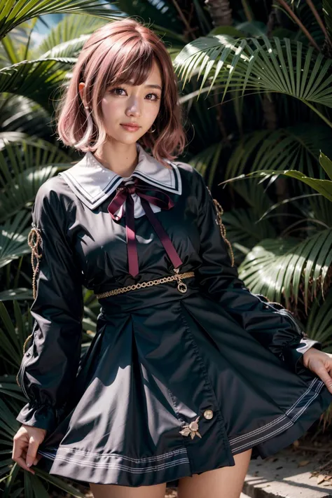 (realistic:1.3), finely detailed, quality, rembrandt lighting, (masterpiece:1.2), (photorealistic:1.2), (best quality), (detailed skin:1.3), (intricate details), dramatic, ray tracing, 1girl, japanese girl, 21 years old, detailed skin texture, (blush:0.5), (goosebumps:0.5), subsurface scattering, smiling, medium breasts, medium hair, pink hair, SasakiBlackDress, black dress, long sleeves, puffy sleeves, black ribbon, hair ribbon, cowboy shot, (bright sunny day, outdoors, trees, bushes, park), <lora:SasakiSaku:1>