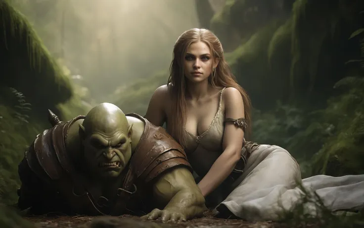 (masterpiece, best quality, ultra realistic, 32k, RAW photo, ultra-detailed skin, 8k uhd, dslr, high quality, film grain), (erotic), wide-angle, full-body portrait of a human girl and an orc, a beautiful, young maiden girl, lounging in the heath, ((seductive pose)), looking at viewer, golden hair, supple breasts, sheer, gossamer gown, smile dimples in cheeks, standing next to her is her protector, a great male orc<lora:RPGOrcXL:0.35>, (snarling, fangs, teeth, tusks), brutish, proud, stern, battle-ready, set in a magical, mystical, ancient redwood forest, ((stoney brook)), ferns, clover, white lilies, lupine, moss, sunlight, fog, godrays, official art, intricately detailed, 8k, very detailed facial features, epic fantasy, fairytale,