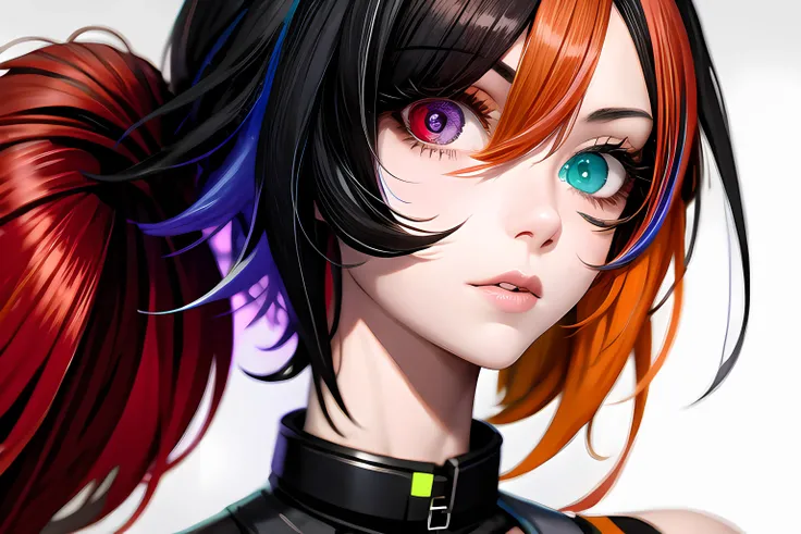 Close up view, solo, portrait, upper body, (black|blue|blonde|orange|white|red:0.5) hair, (Twintails|short|scruffy|short scruffy|short twintails|absurdly long|long|medium:0.5), (heterochromia:1.3), (left eye yellow|red|green|blue|orange|purple|white|black|rainbow gradient:0.5), (right eye yellow|red|green|blue|orange|purple|white|black|rainbow gradient:0.5)