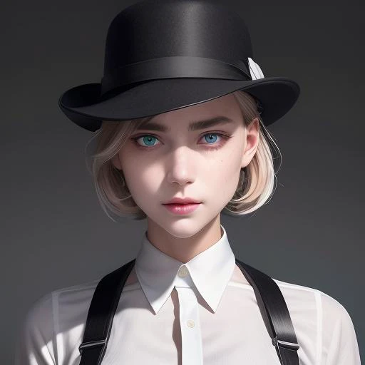 female, white dress shirt, suspenders, bowler hat, heterochromia, <lora:Heterochromia_h4.v2:.8>, left eye blue, right eye green, black slacks, dress shoes, best quality, masterpiece, detailed, 8K, uhd, (extremely detailed CG unity 8k wallpaper),(masterpiece), (best quality), (ultra-detailed), (best illustration), detailed face, skin pores, detailed skin,