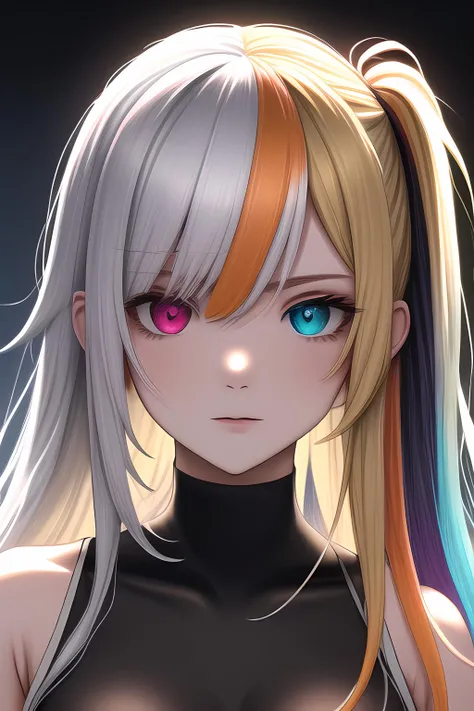 Close up view, solo, portrait, upper body, (black|blue|blonde|orange|white|red:1) hair, (Twintails|short|scruffy|short scruffy|short twintails|absurdly long|long|(heterochromia:1.3), (left eye yellow|red|green|blue|orange|purple|white|black|rainbow gradient:1.1), (right eye yellow|red|green|blue|orange|purple|white|black|rainbow gradient:1.1)