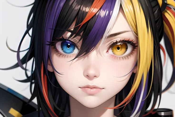 Close up view, solo, portrait, upper body, (black|blue|blonde|orange|white|red:0.5) hair, (Twintails|short|scruffy|short scruffy|short twintails|absurdly long|long|medium:0.5), (heterochromia:1.3), (left eye purple), (right eye yellow)