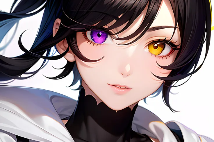 Close up view, solo, portrait, upper body, (black hair), (heterochromia:1.3), (left eye purple:1.2), (right eye yellow:1.2)