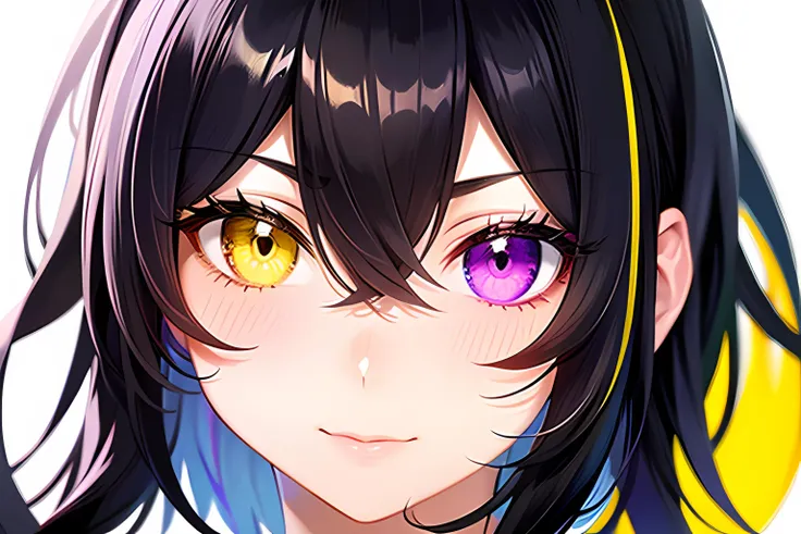 Close up view, solo, portrait, upper body, (black hair), (heterochromia:1.3), (left eye purple:1.2), (right eye yellow:1.2)