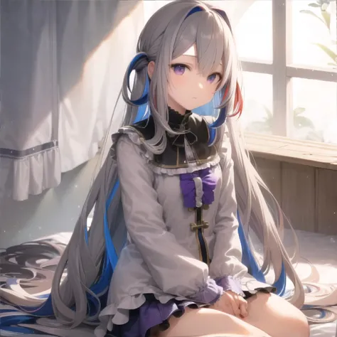 high detail, best quality, masterpiece, Amane Kanata, long hair, bangs, multicolored hair, grey hair, colored inner hair, blue hair , purple eyes, <lora:amane_kanata:0.7>, bedroom, inside, sitting on bed