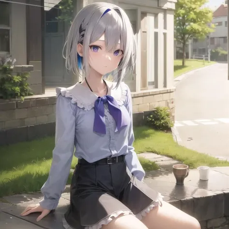 best quality, masterpiece, Amane Kanata, short hair, multicolored hair, grey hair, colored inner hair, (blue hair ), purple eyes, <lora:amane_kanata-05:0.7>, multicolored hair, white shirt, frilled black skirt, white knee socks, park, outside, lake