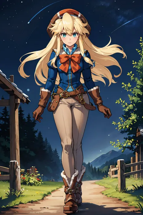 masterpiece, best quality, 1girl, <lora:clarissaarwin-nvwls-v1-000010:0.9> clarissa arwin, hat, long hair, blue uniform, red bow, brown gloves, belt, brown pants, boots, standing, dynamic pose, serious, furrowed brow, looking at viewer, night sky, forest