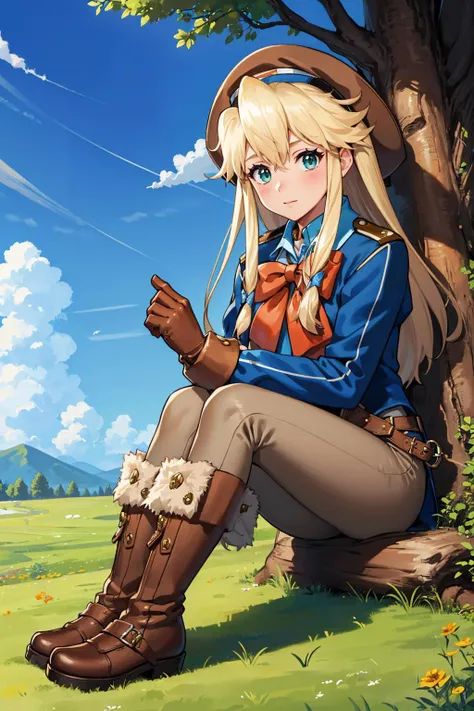 masterpiece, best quality, 1girl, <lora:clarissaarwin-nvwls-v1-000010:0.9> clarissa arwin, hat, long hair, blue uniform, red bow, brown gloves, belt, brown pants, boots, sitting, on ground, tree, field, blue sky, looking at viewer