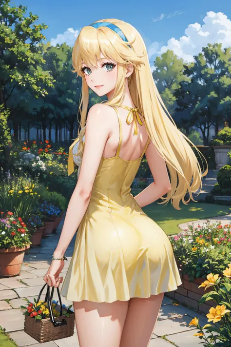masterpiece, best quality, 1girl, <lora:clarissaarwin-nvwls-v1-000010:0.9> clarissa arwin, hairband, long hair, from behind, (yellow sundress:1.3), smile, looking at viewer, garden, blue sky
