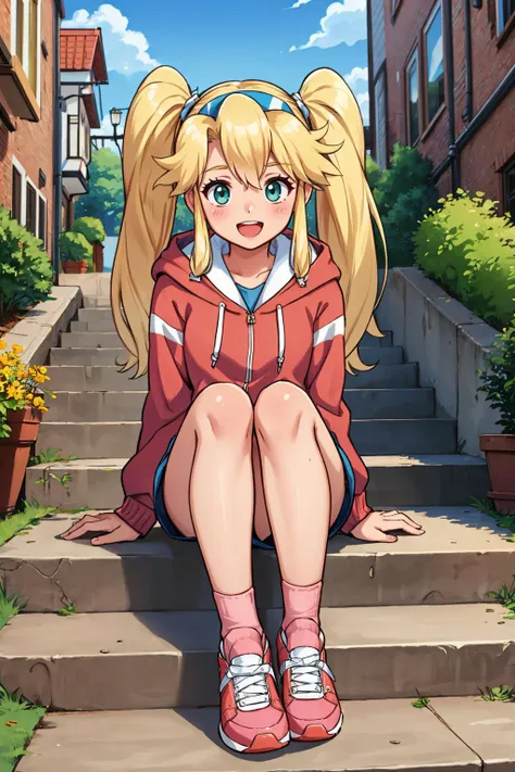 masterpiece, best quality, 1girl, <lora:clarissaarwin-nvwls-v1-000010:0.9> clarissa arwin, hairband, twintails, pink hoodie, shorts, :D, looking at you, city, sneakers, sitting, stairs