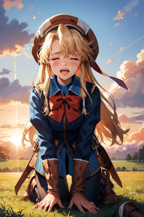 masterpiece, best quality, 1girl, <lora:clarissaarwin-nvwls-v1-000010:0.9> clarissa arwin, hat, long hair, blue uniform, red bow, belt, brown pants, boots, all fours, closed eyes, clenched teeth, tears in eyes, field, sunset, crying