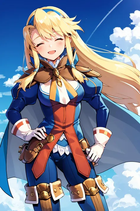 masterpiece, best quality, 1girl, <lora:clarissaarwin-nvwls-v1-000010:0.9> clarissa arwin, hairband, low-tied long hair, white ascot, blue cape, blue and orange coat, puffy sleeves, white gloves, blue pants, thigh boots, closed eyes, happy, smile, hand on hip, blue sky, clouds, castle