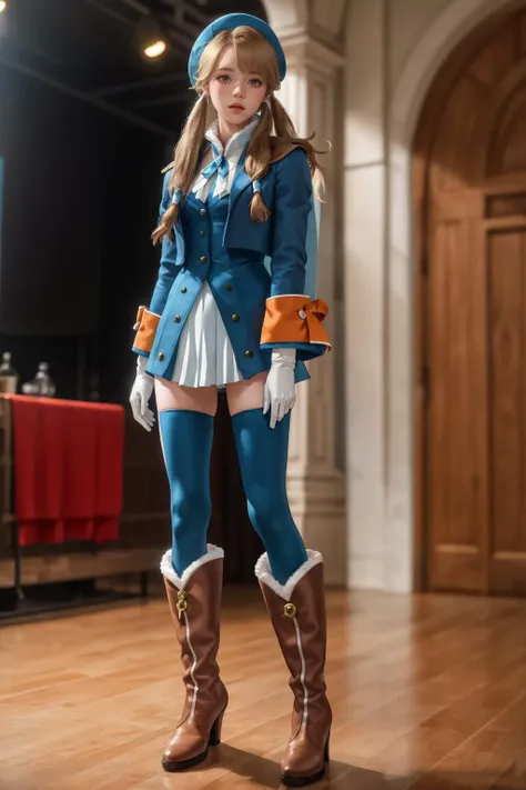 8k,highres,absurdres,masterpiece,best quality,original,extremely detailed CG,extremely detailed wallpaper,perfect lighting,<lyco:GoodHands-beta2:1>,
1girl,solo,blurry_background,looking_at_viewer,standing on the stage,
<lora:clarissaarwin-nvwls-v1:0.7>,clarissa arwin,hat,long hair,blue uniform,red bow,brown gloves,belt,brown pants,boots,hairband,low-tied long hair,white ascot,blue cape,blue and orange coat,puffy sleeves,white gloves,blue pants,thigh boots,hairband,twintails,blue jacket,white gloves,pleated skirt,blue thighhighs,