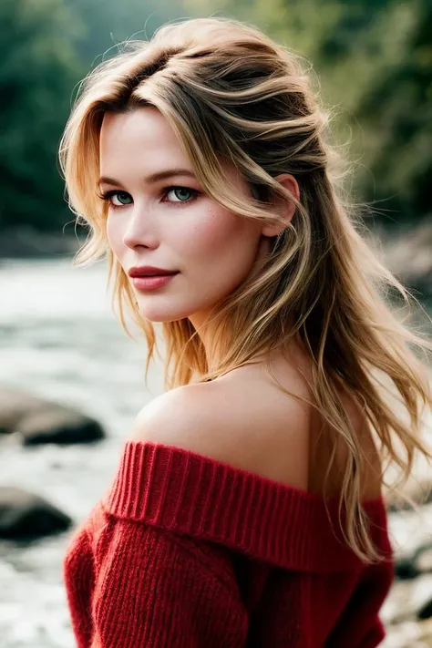 photo of beautiful (csch1ffer:0.99), a woman in a (river:1.1), perfect hair, hair blowing in the wind, wearing (red sweater off-shoulder), modelshoot style, (extremely detailed CG unity 8k wallpaper), professional majestic (photography by tim walker:1.1), (Olympus XA2 Camera), 24mm, exposure blend, hdr, faded, extremely intricate, High Detail, Sharp focus, dramatic, soft cinematic light, (looking at viewer), (detailed pupils), cute smile, 24mm, 4k textures, soft cinematic light, adobe lightroom, photolab, elegant, ((((cinematic look)))), soothing tones, insane details, hyperdetailed, low contrast