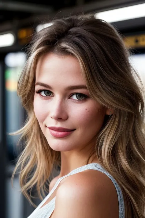 photo of beautiful (csch1ffer:0.99), a woman in a (train station:1.1), perfect hair, wearing (intimates:1.1), modelshoot style, (extremely detailed CG unity 8k wallpaper), professional majestic (photography by robert capa:1.1), (Kodak PIXPRO FZ43 16MP Digital Camera), 24mm, exposure blend, hdr, faded, extremely intricate, High Detail, Sharp focus, dramatic, soft cinematic light, (looking at viewer), (detailed pupils), cute smile, 24mm, 4k textures, soft cinematic light, adobe lightroom, photolab, elegant, ((((cinematic look)))), soothing tones, insane details, hyperdetailed, low contrast