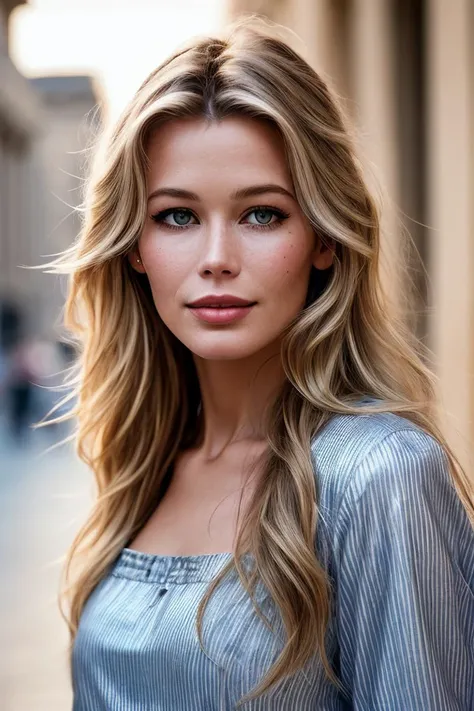 photo of beautiful (csch1ffer:0.99), a woman in a (roman city:1.1), perfect hair, hair blowing in the wind, wearing (pajamas:1.1), modelshoot style, (extremely detailed CG unity 8k wallpaper), professional majestic (photography by  walker evans:1.1), (Plaubel Makina W67 Camera), 24mm, exposure blend, hdr, faded, extremely intricate, High Detail, Sharp focus, dramatic, soft cinematic light, (looking at viewer), (detailed pupils), cute smile, 24mm, 4k textures, soft cinematic light, adobe lightroom, photolab, elegant, ((((cinematic look)))), soothing tones, insane details, hyperdetailed, low contrast, (waist)