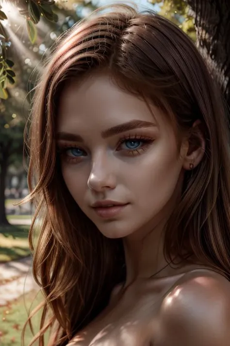 ((extreme close portrait)),photograph of amberia,<lora:amber8-07:1> , perfect illumination, beautiful detailed eyes, raw photo, (realistic:1.1), realistic skin texture, seductive, turned on, (red:0.8),perfect lighting, teasing, eyes contact, outside, sunny park, trees, rays of light, ((Magazine Photography))