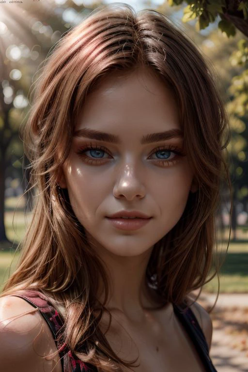 ((extreme close portrait)),photograph of amberia,<lora:amber8-07:1> , perfect illumination, beautiful detailed eyes, raw photo, (realistic:1.1), realistic skin texture, seductive, turned on, (red:0.8),perfect lighting, teasing, eyes contact, outside, sunny park, trees, rays of light, ((Magazine Photography))