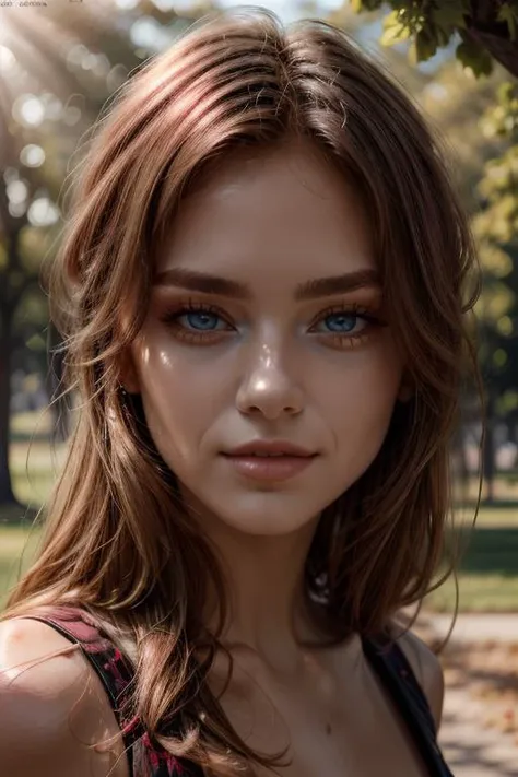 ((extreme close portrait)),photograph of amberia,<lora:amber8-07:1>  ,  perfect illumination, beautiful detailed eyes, raw photo, (realistic:1.1), realistic skin texture, seductive, turned on, (red:0.8),perfect lighting, teasing, eyes contact, outside, sunny park, trees, rays of light, ((Magazine Photography))