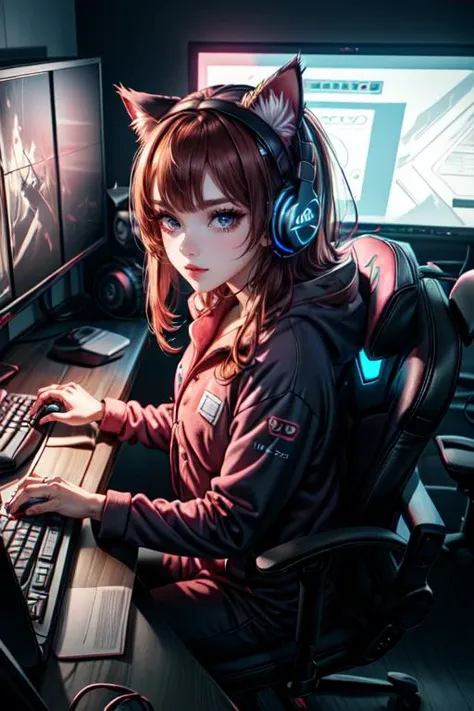 amberia,<lora:amber8:0.8>  ,(masterpiece, best quality), details, 1girl wearing (onesie, cat ears), playing game, gameroomconcept, ((darkroom)), neon light, gamer chair, computer, triple monitors, rgb keyboard, headphones, headset, computer case, look at viwer, <lora:ARWgameroomconcept:0.7>