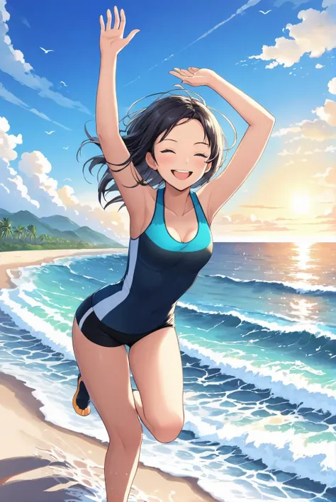 1girl, solo, standing, hands up, smile, running, ocean, closed eyes, 2leg