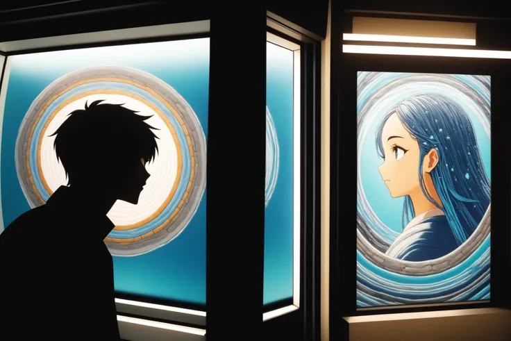 [ (art by James Thomas Watts:0.8) and (George Hillyard Swinstead:0.8) ::5], shot from side of a Black and Turquoise anime, 2D, 1girl, solo, from inside of The Rosetta Stone, Sharp and in focus, Lomography, Vitrail, Embroidery, High quality