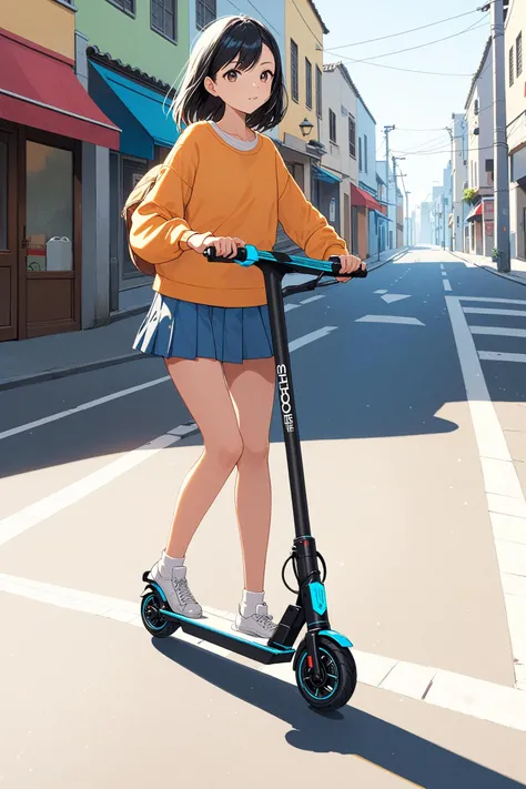 anime artwork 2D, 1girl, electric scooter, standing, motion lines, road, Riding a electric scooter down the street . anime style, key visual, vibrant, studio anime,  highly detailed