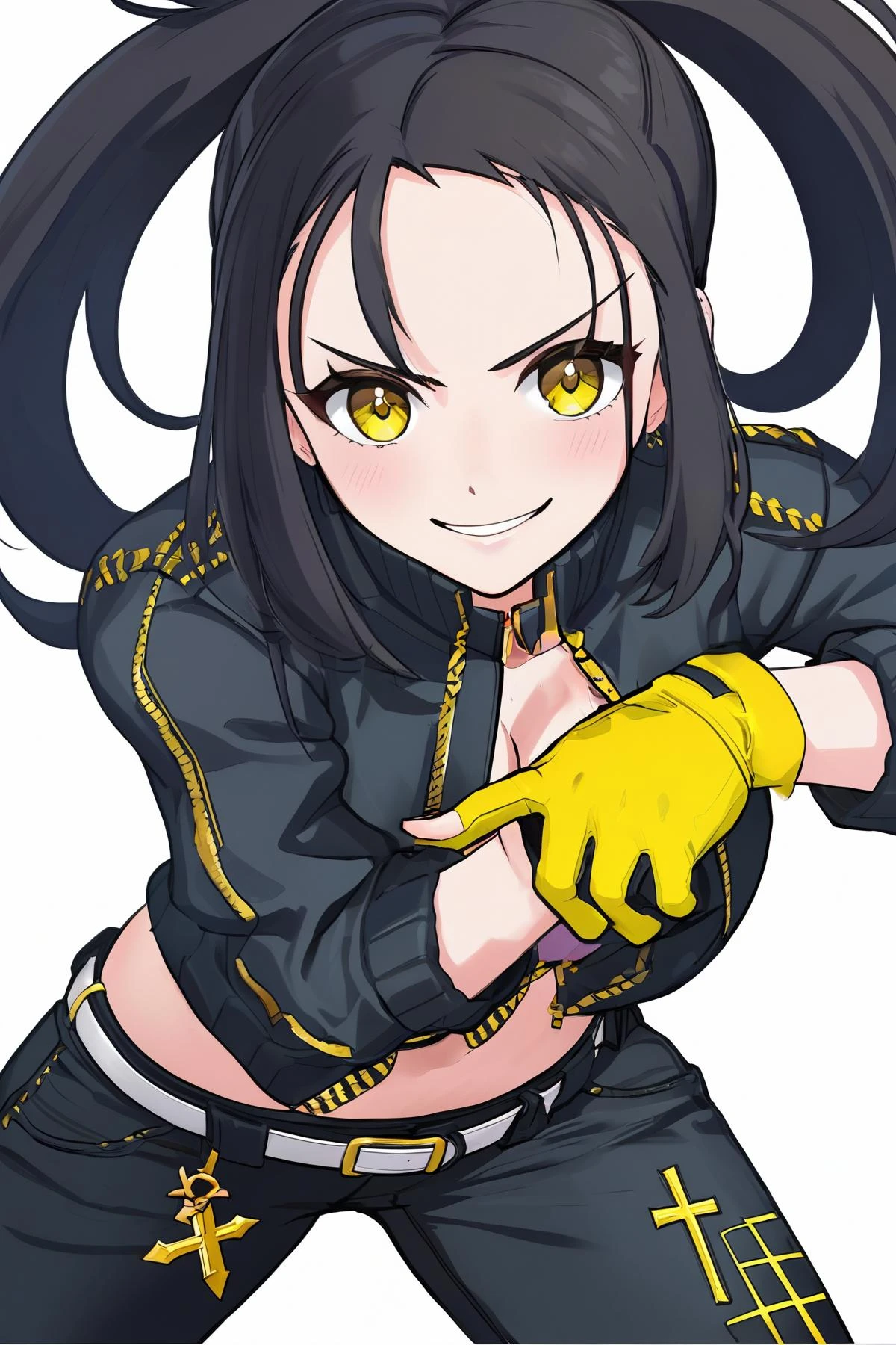 Dendra, 1girl, yellow gloves, solo, gloves, black hair, scar bangs, smile, fingerless gloves, closed mouth, scar, jacket, cross scar, eyelashes, brown eyes, long hair, scar on face, clenched hands, white background, belt, looking at viewer, simple background, ponytail, black jacket, pants, sidelocks, track jacket, breasts,
<lora:dendra_sdxl:0.8>