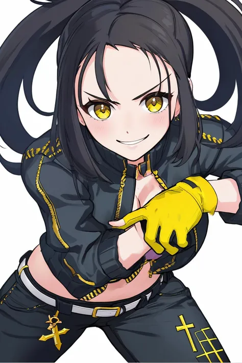 Dendra, 1girl, yellow gloves, solo, gloves, black hair, scar  bangs, smile, fingerless gloves, closed mouth, scar, jacket, cross scar, eyelashes, brown eyes, long hair, scar on face, clenched hands, white background, belt, looking at viewer, simple background, ponytail, black jacket, pants, sidelocks, track jacket, breasts, 
<lora:dendra_sdxl:0.8>