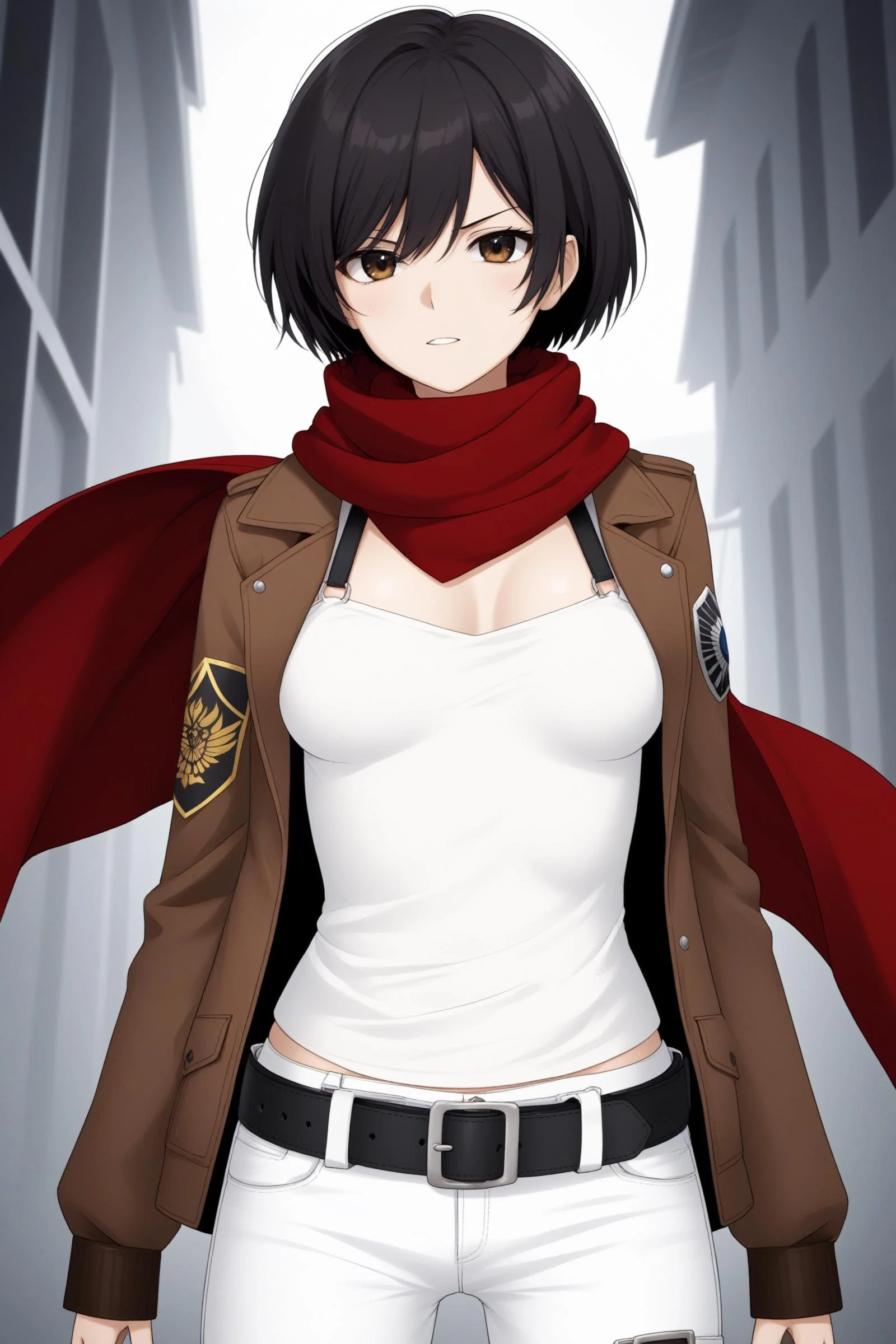 attack on titan, titan, mikasa ackerman, short hair, black eyes, scarf, emblem, 1belt, thigh strap, red scarf, white pants, brown jacket, long sleeves, medium breasts