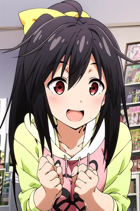 masterpiece, 1girl, gennai ao, hoodie, mall, claw machine game, intense, excited, blushing, smile, highly detailed, best quality