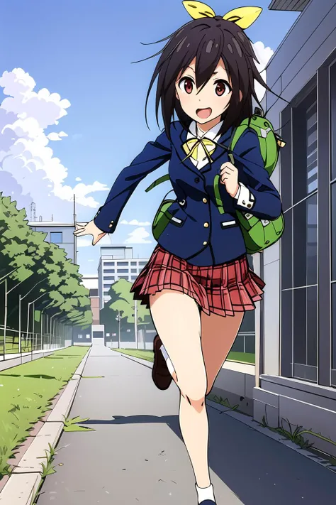 masterpiece, 1girl, gennai ao, school uniform, plaid skirt, yellow ribbon, backpack, running, eating, piece of toast, outside, sidewalk, trees, smile, sunny, clouds, sky, highly detailed, best quality