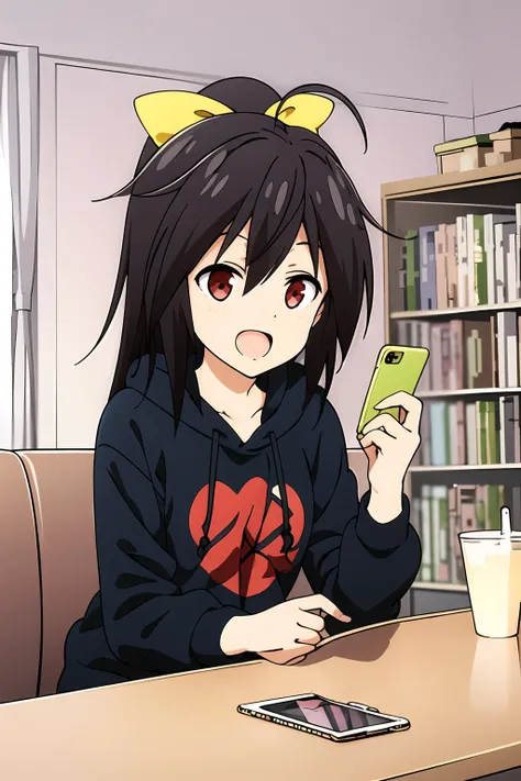 masterpiece, 1girl, gennai ao, shirt, hoodie, laying on couch, playing with phone, holding phone, highly detailed, best quality