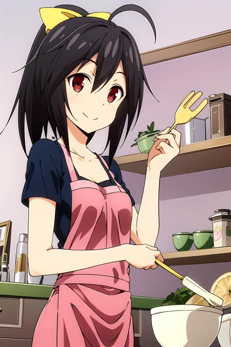masterpiece, 1girl, gennai ao, red apron, cooking, smile, kitchen, bowl of food, holding spatula, highly detailed, best quality