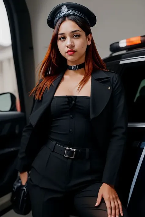 DEN_ladydeathbat_SG,
posing by a (police car:1.2) (dressed:1.1) in a (police uniform:1.2), (police officer:1.3), police uniform, (police car:1.1), cuffs, (police:1.2), (uniform:1.3), police hat, hair tied back, tied back hair, trousers, top, jacket,
bokeh, f1.4, 40mm, photorealistic, raw, 8k, textured skin, skin pores, intricate details <lora:epi_noiseoffset2:1>, epiCRealism <lora:ClothingAdjuster3:-0.8>