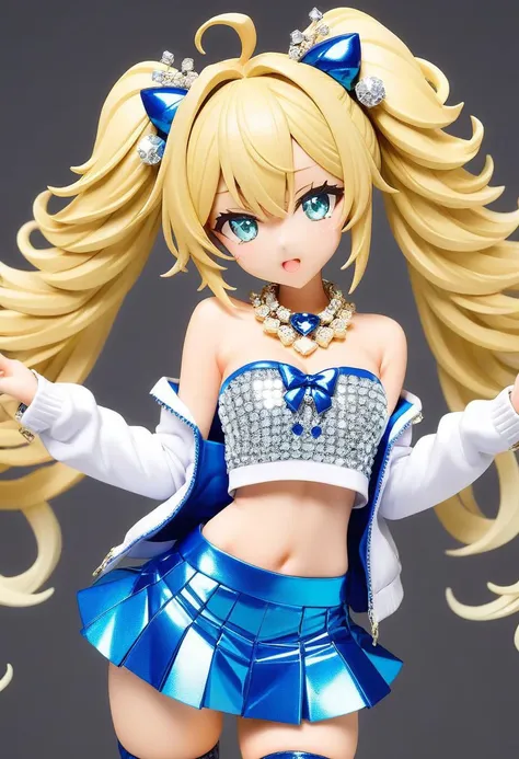 blonde gyaru woman, Ojou Ringlets hairstyle, strapless crop top, (cleavage, bare midriff, navel), short loose knit jacket, pleated miniskirt, over-the-knee stockings, gyaru makeup, jeweled necklace, rich girl,
(sparkles, sparkling), sharp focus, (glossy clothing, glittering fabric),