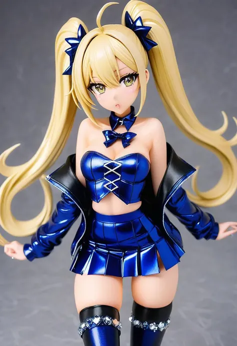 blonde gyaru woman, drill pigtails, strapless crop top, (cleavage, bare midriff, navel), short loose knit jacket, pleated miniskirt, over-the-knee stockings, gyaru makeup, jewel necklace, rich girl,
(sparkles, sparkling), sharp focus, (glossy clothing, glittering fabric),