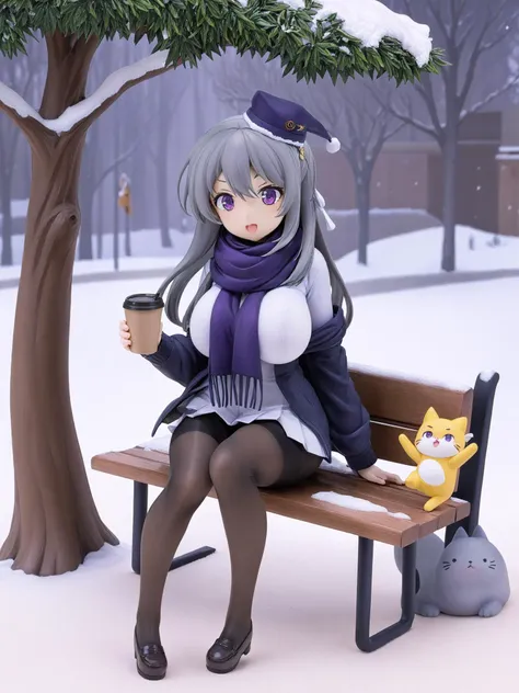 pvc,1girl, scarf, pantyhose, skirt, cat, long hair, grey hair, sitting, pleated skirt, cup, holding, white skirt, bag, disposable cup, hair ornament, coffee cup, hat, solo, outdoors, black pantyhose, bench, looking at viewer, large breasts, ponytail, long sleeves, animal, breasts, holding cup, school uniform, hair over one eye, official alternate costume, bird, snow, winter, snowing, peaked cap, black scarf, shirt, purple eyes, white shirt, bangs, tree, serafuku, open mouth