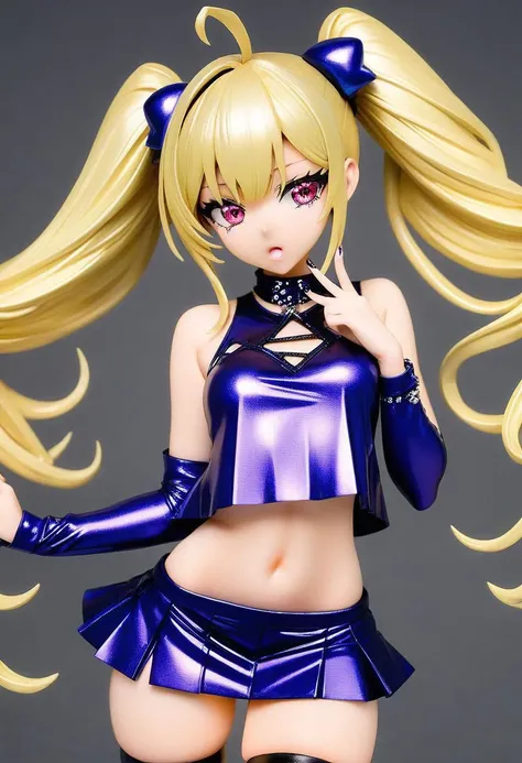 latex blonde gyaru woman, pigtails, latex strapless crop top, (cleavage, bare midriff, navel), short loose knit jacket, latex pleated miniskirt, over-the-knee stockings, gyaru makeup, jewel necklace,
(sparkles, sparkling), sharp focus, (glossy clothing, glittering fabric),