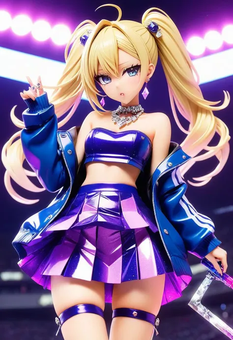 latex blonde gyaru woman, pigtails, strapless crop top, (cleavage, bare midriff, navel), short loose knit jacket, pleated miniskirt, over-the-knee stockings, gyaru makeup, jewel necklace, rich girl,
(sparkles, sparkling), sharp focus, (glossy clothing, glittering fabric),